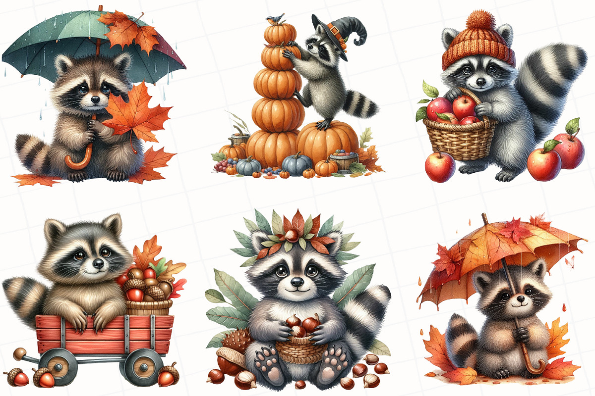 Watercolor Autumn Raccoon Clipart, an Illustration by OK Design (Photo 4 of 5)
