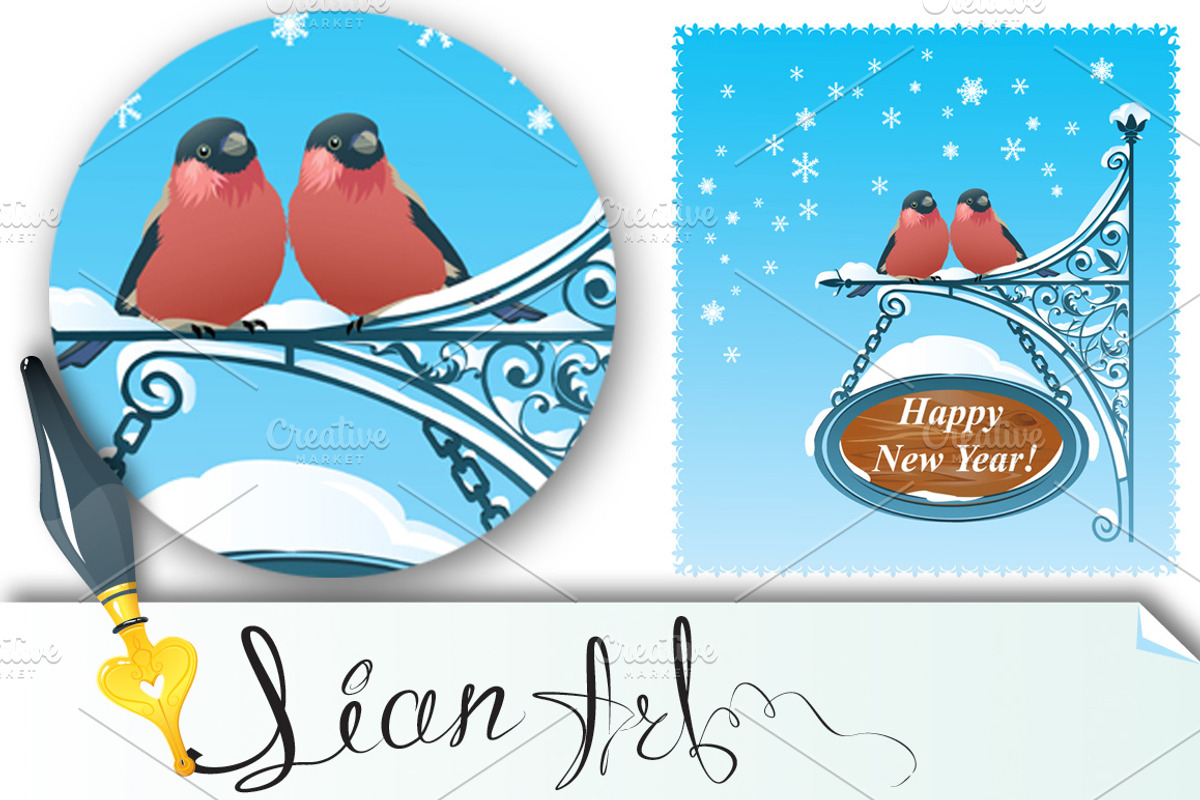 2 Bullfinches - Happy New Year Card, a Card Template by Lian-art