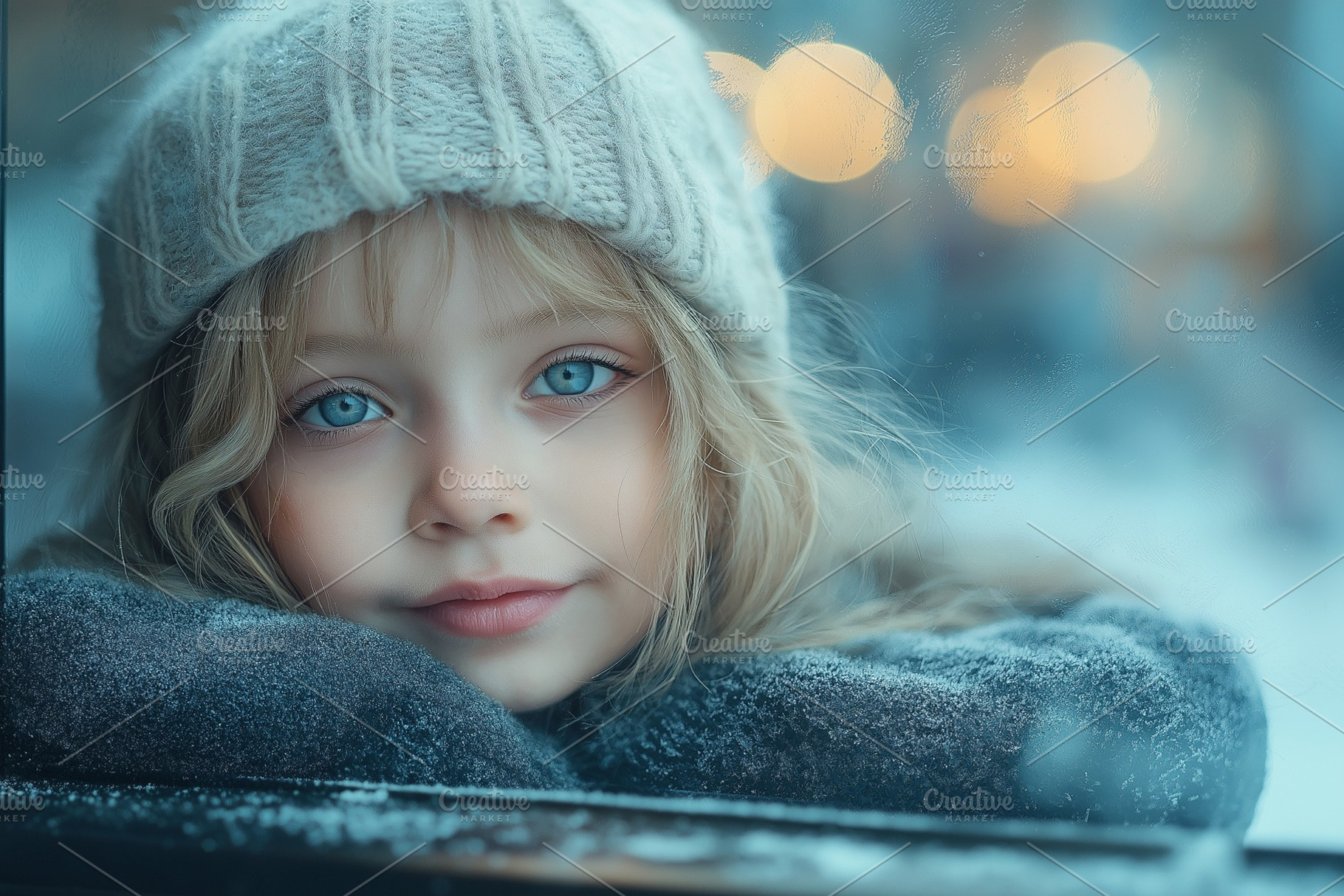 A young girl with long blonde hair and striking blue eyes gazes softly through, a Person Photo by ImageMir