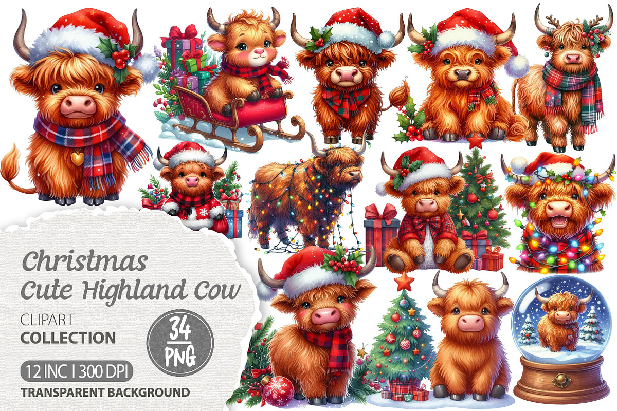 Cute Christmas Highland Cow Clipart, an Illustration by Dream Creation (Photo 1 of 7)