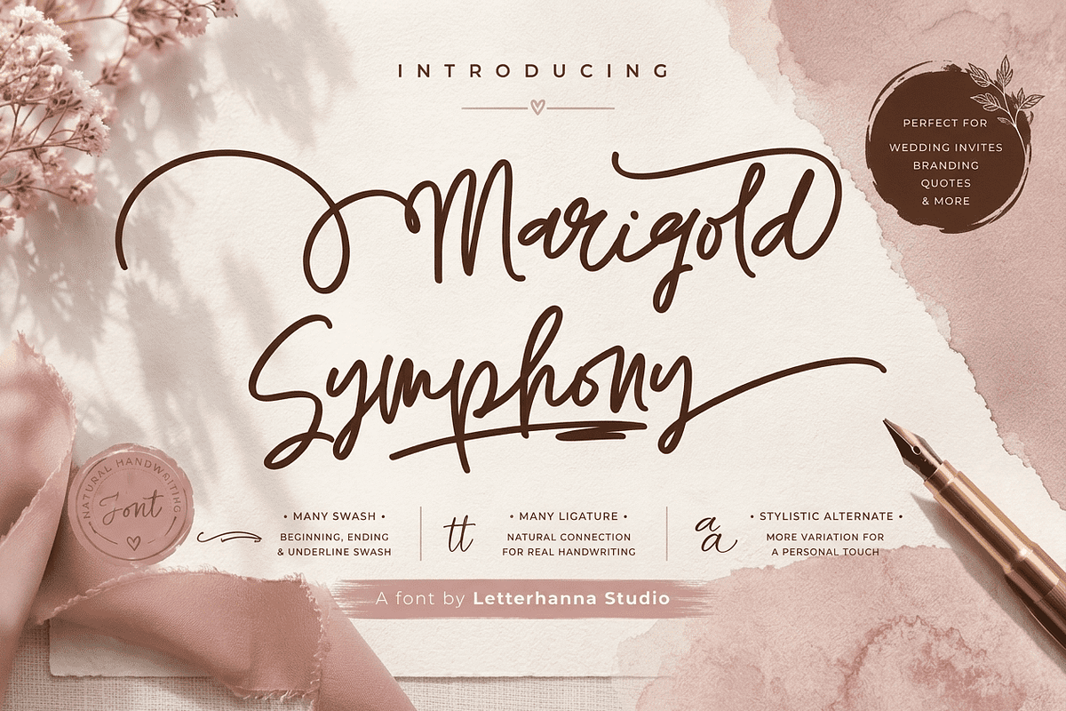 Marigold Symphony Wedding Font, a Handwritten Font by Letterhanna Studio (Photo 1 of 16)