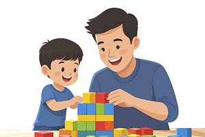 Child and father building with blocks isolated photo, an Education Illustration by DanFLCreativo