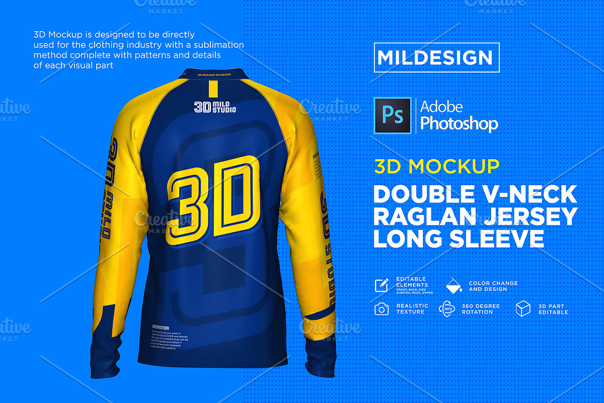 3D Double V-Neck Raglan Jersey LS, a Shirt Mockup by Mildstudio (Photo 3 of 8)