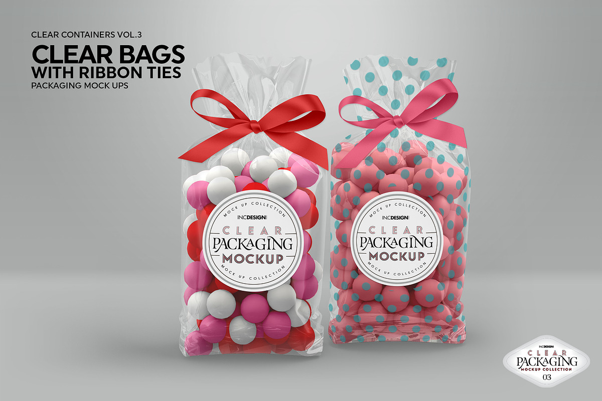 Clear Candy Bags with Ribbon Mockup, a Cups & Container Mockup by INCDesign (Photo 4 of 10)