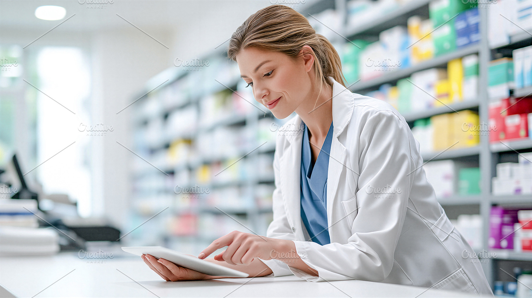 Pharmacist using tablet in pharmacy, a Health & Medical Photo by 7DesignLab