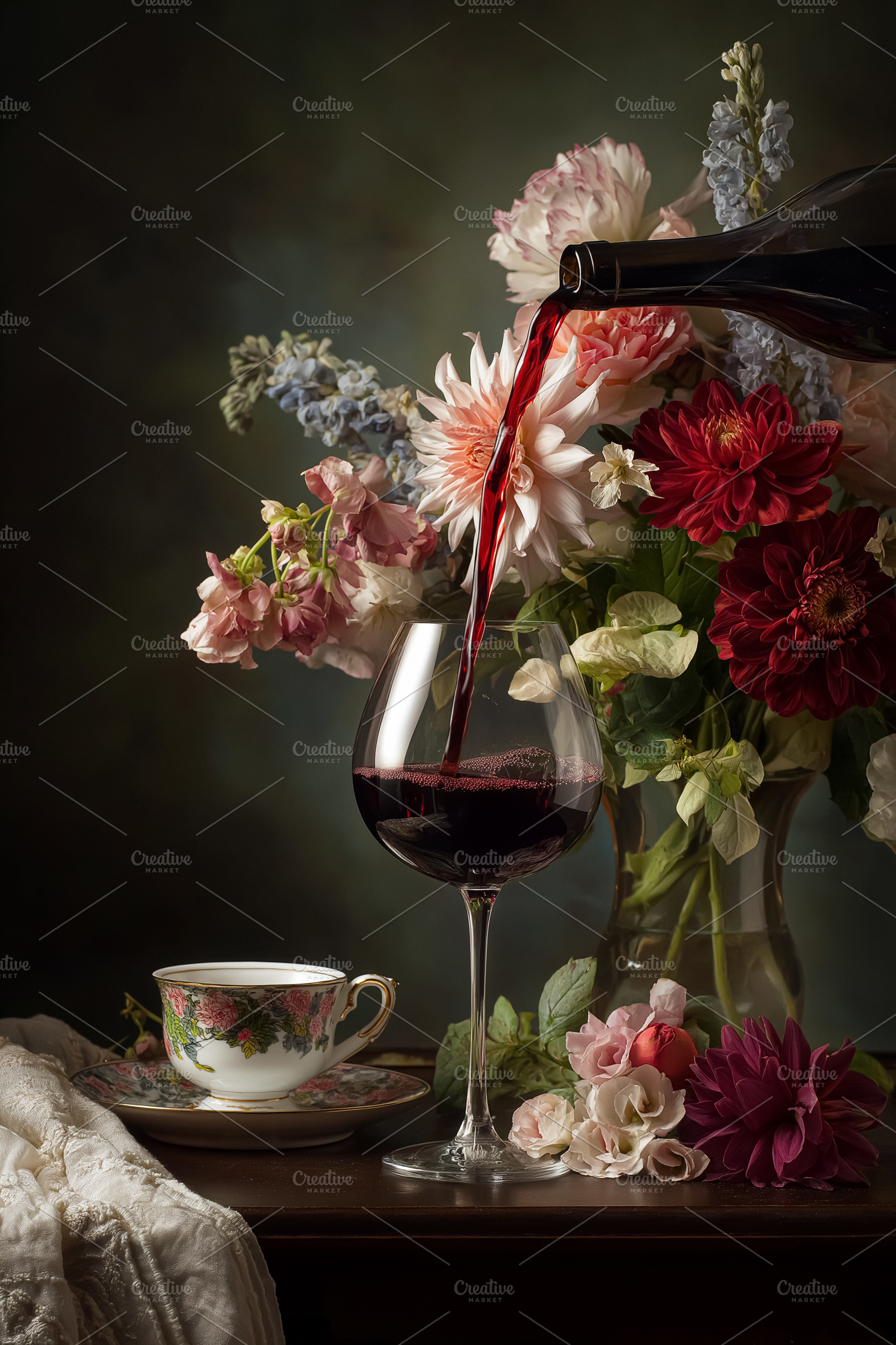 Red wine pouring into a full glass on a dark moody background, a still life wit, a Food & Drink Photo by Anneleven