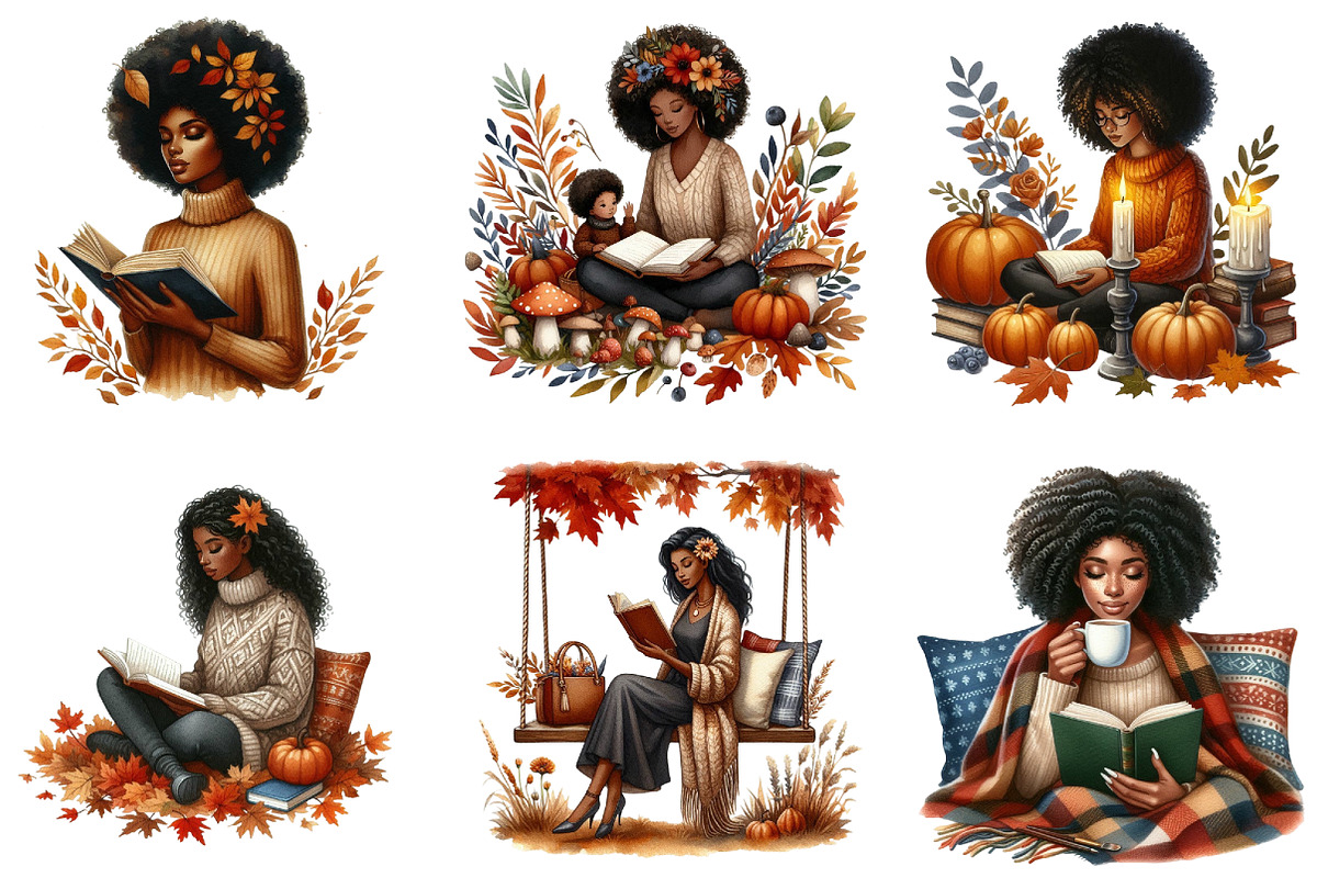 Autumn Black Woman Reading Clipart, an Illustration by DreamArtGraphic (Photo 3 of 4)