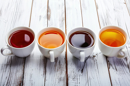 Different cups of aromatic tea on wooden table, a Food & Drink Photo by AlyaAnd