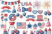 4th of July watercolor clipart, a Decorative Illustration by Natalya_Mona_Art (Thumbnail 2 of 9)