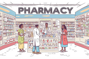 Pharmacists discussing medication in a busy retail pharmacy environment, a Photo by AS photostudio