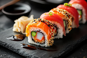 Colorful sushi rolls platte, a Photo by Pavel_design