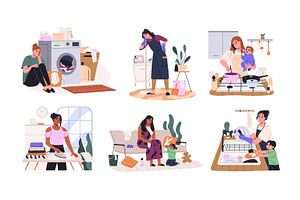 Tired housewife cleaning, cooking, a Person Illustration by PaperTrident