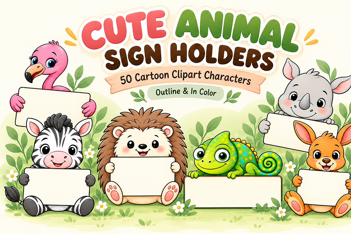 Cute Cartoon Animal Sign Holders, an Animal Illustration by MarisoArt (Photo 1 of 7)