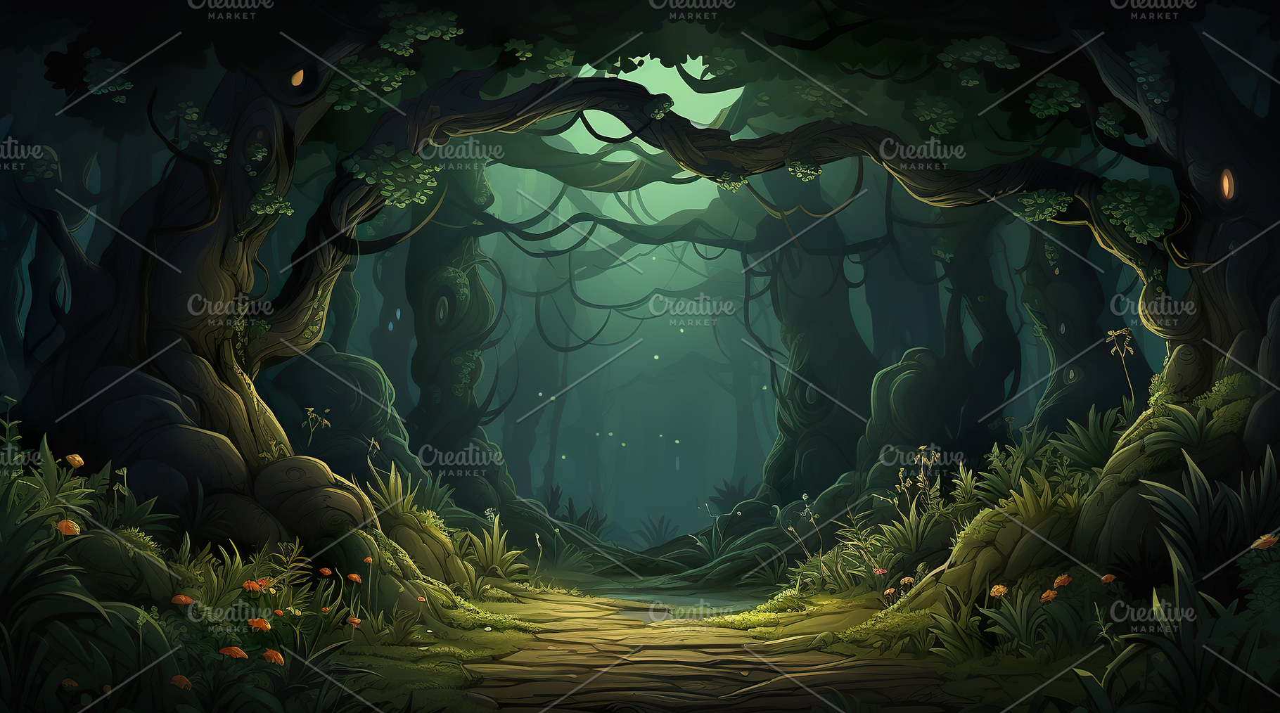 dark green magical forest frame, a Background Photo by Munco Art & Design