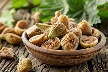 Dried figs fruit in bowl on wooden table, a Food & Drink Photo by AlyaAnd