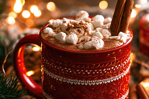 Christmas hot chocolate with marshmallows and cinnamon in red mu, a Food & Drink Photo by José Manuel Gelpi