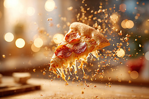 Slice of pepperoni pizza floating in mid-air with cheese stretching and colorfu, a Photo by AlyaAnd