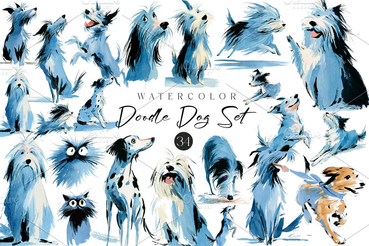 Watercolor Doodle Dog Clipart Set, an Illustration by CreationArt (Photo 2 of 7)