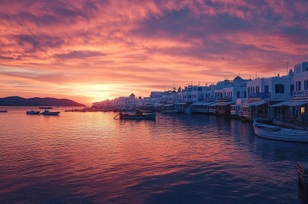 Stunning sunset over Mykonos town wi, a Photo by Iftikhar Alam