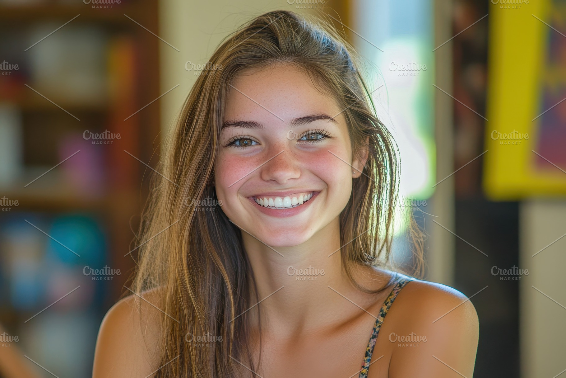 Smiling Caucasian girl in a college, a Photo by Pavel_design