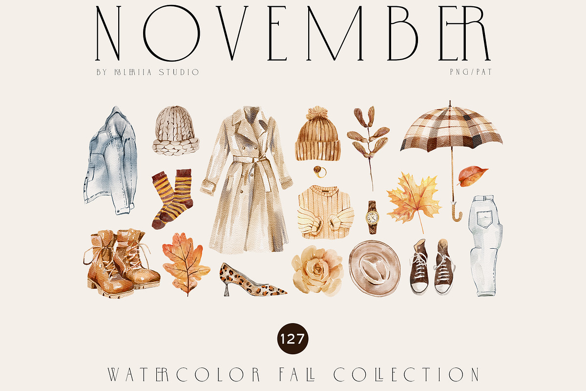 NOVEMBER Watercolor Fall Set, an Object Graphic by Kaleriia (Photo 1 of 11)