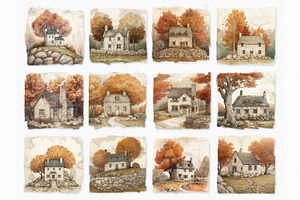 Autumn Houses Illustration PNGs