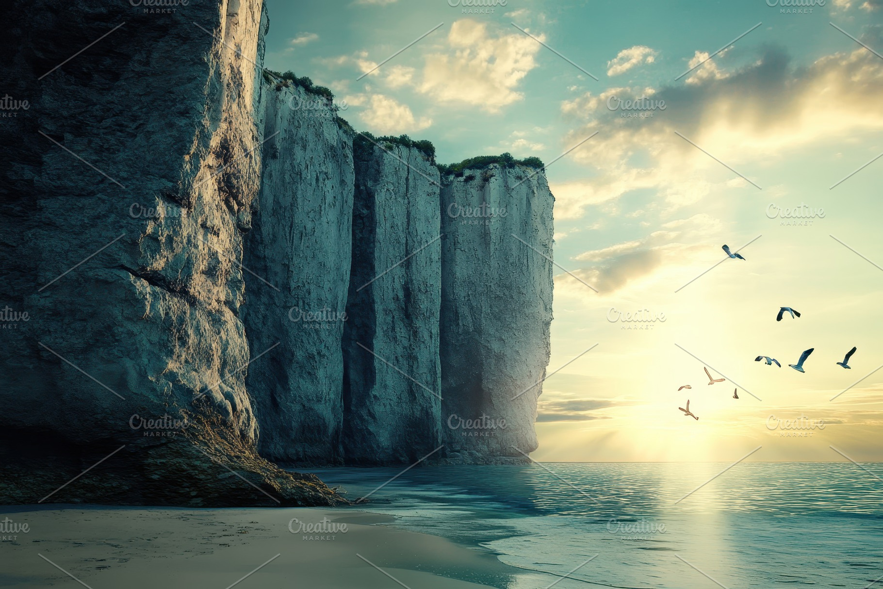 Majestic cliffs rise above tranquil, a Photo by Tanuart