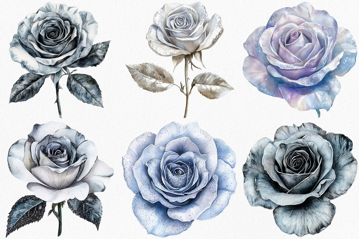 Black and Silver Glam Roses Clipart, an Illustration by Canvas Craft (Photo 2 of 9)