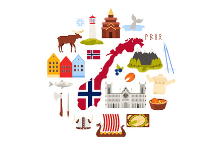 Travel to Norway, culture elements, an Object Illustration by Flashvector