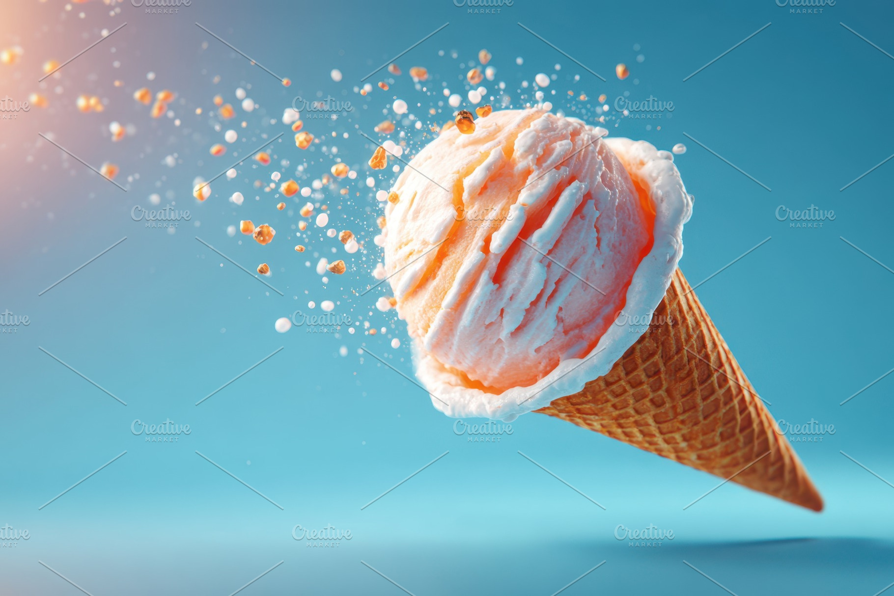 Vanilla Ice Cream Cone With Flying Sprinkles on Blue, a Food & Drink Photo by AlyaAnd