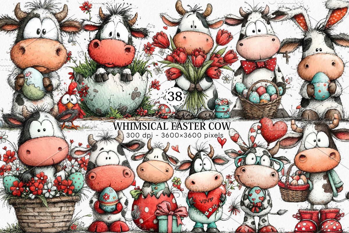 Whimsical Easter Cow Clipart Bundle, an Illustration by Canvas Craft (Photo 1 of 6)