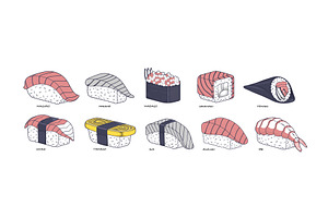 Set of different sushi types, a Food Illustration by Yayasya