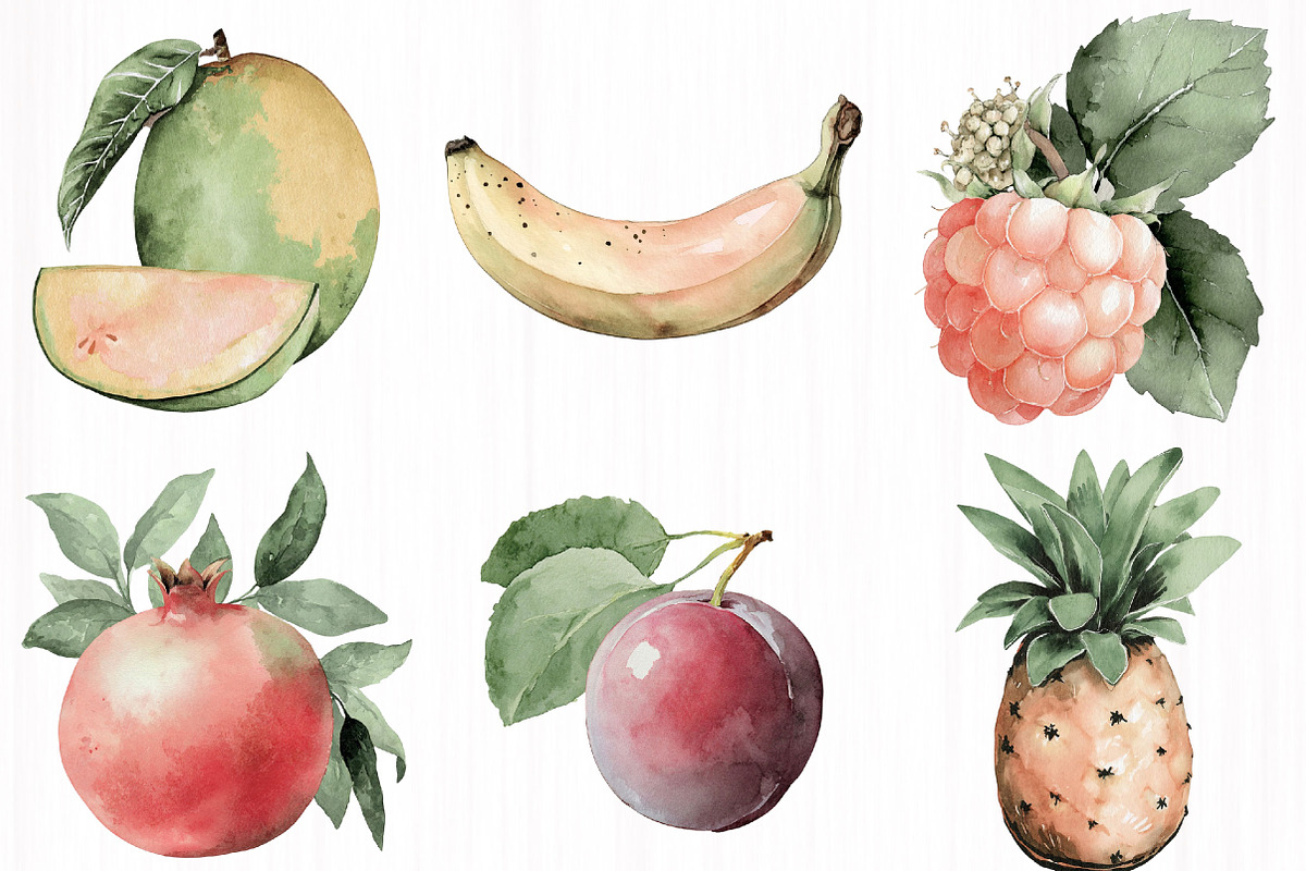 Watercolor Fruit Set Exotic, a Food Illustration by DreamCafeArt (Photo 2 of 5)