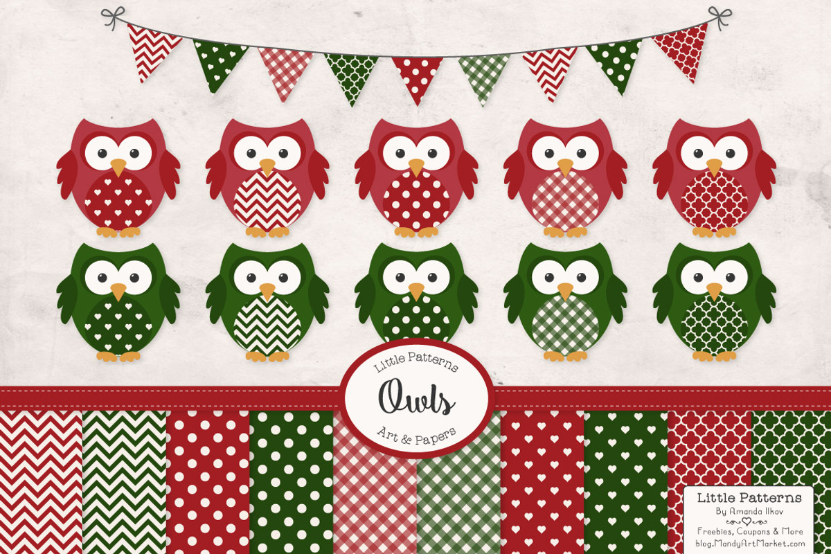 Christmas Owl Vectors & Patterns, an Animal Illustration by Amanda Ilkov (Photo 1 of 3)