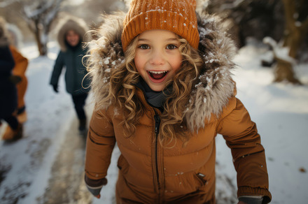 Joyful Children Playing in Snowy Winter Park, Smiling and Having Fun Outdoors, a Photo by AS photostudio