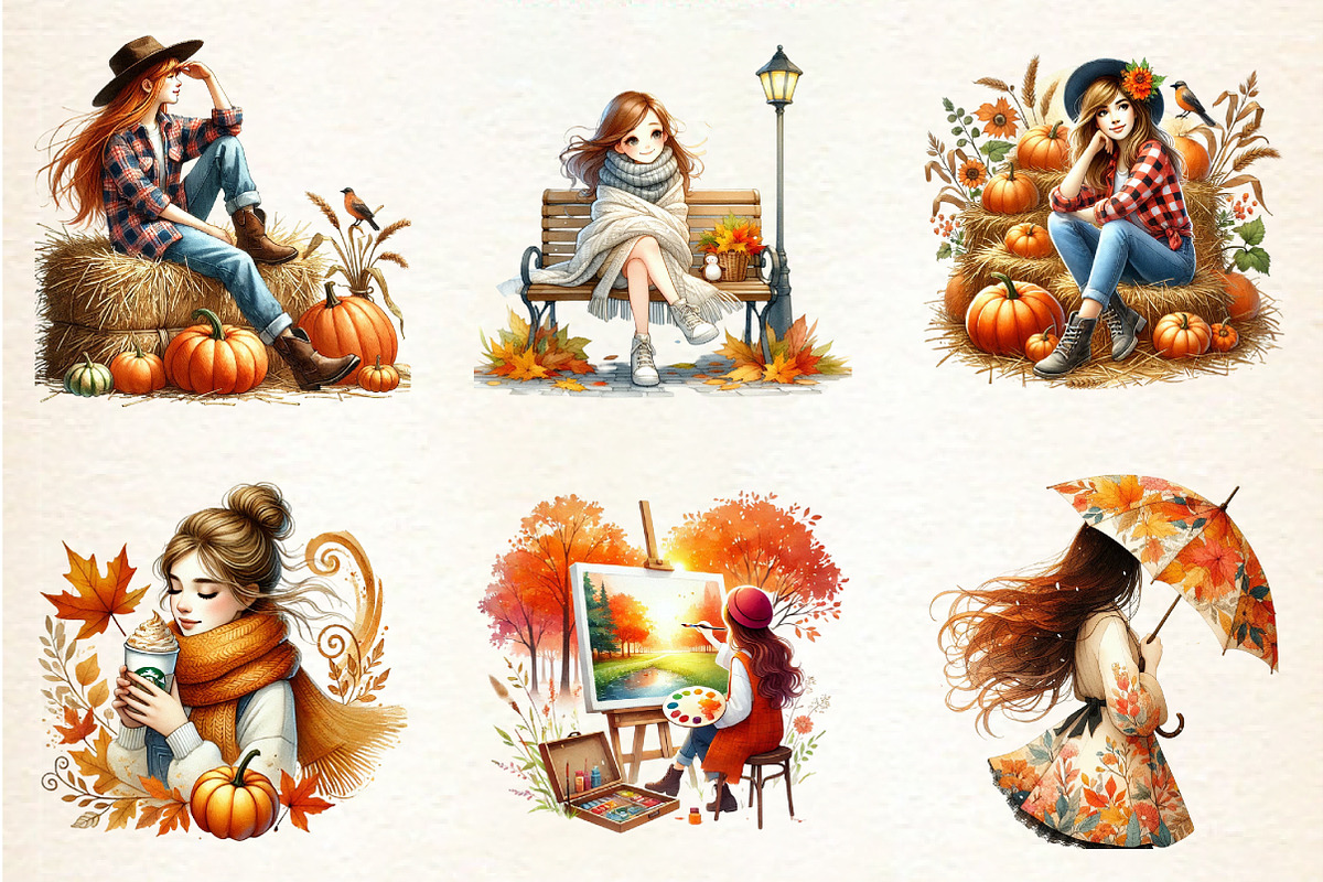 watercolor autumn girl, a Seasonal Illustration by DreamArtGraphic (Photo 3 of 4)