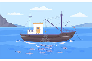 fishing boat in sea. nautical, a Transportation Illustration by Multigon