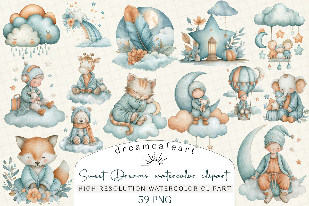 Sweet Dreams watercolor clipart, an Illustration by DreamCafeArt (Photo 1 of 6)