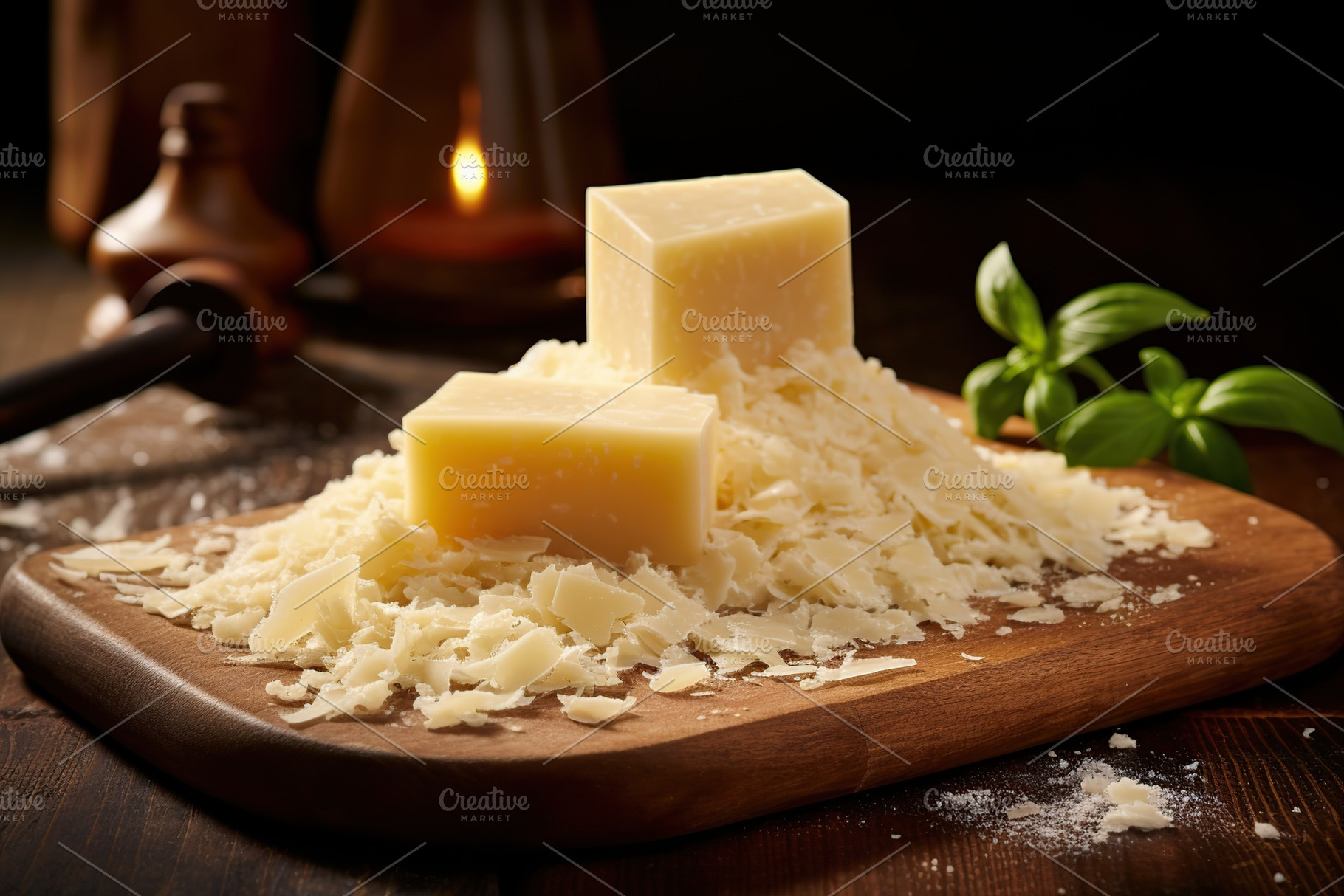 Piece of parmesan cheese on wooden background, a Food & Drink Photo by AlyaAnd