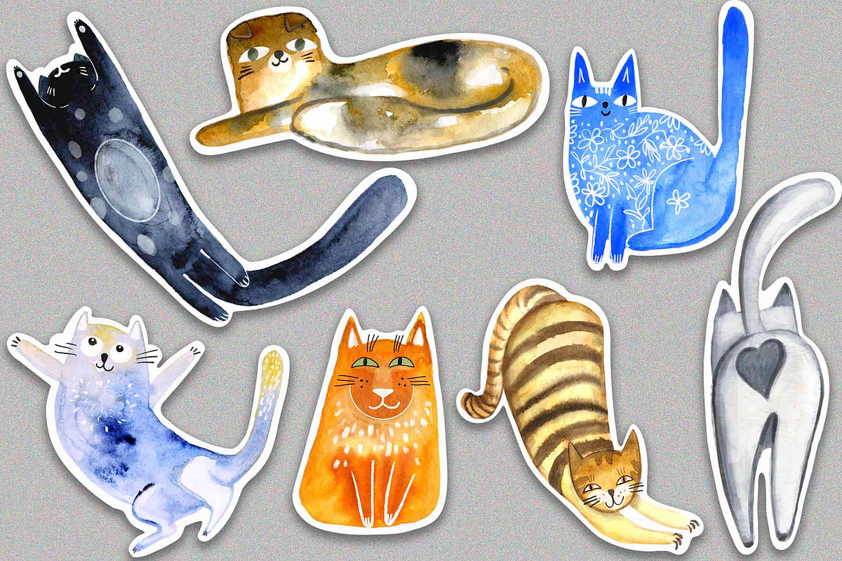 Watercolor funny cats sticker pack, an Object Graphic by NataLyaroArt (Photo 2 of 6)