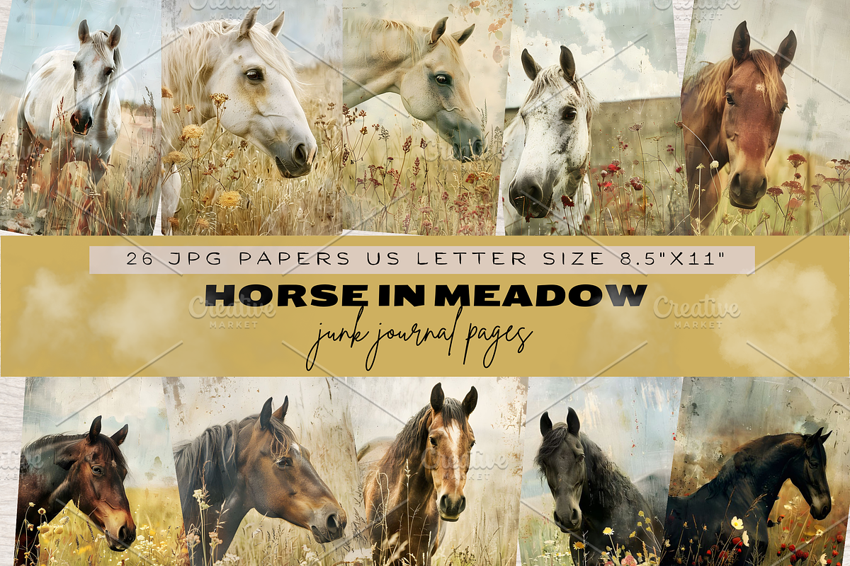 HORSE IN MEADOW JUNK JOURNAL PAGES, an Animal Illustration by Daring Digies (Photo 1 of 6)