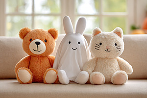 Plush bear, bunny, and cat toys sitting together on a couch with soft natural l, a Photo by AlyaAnd