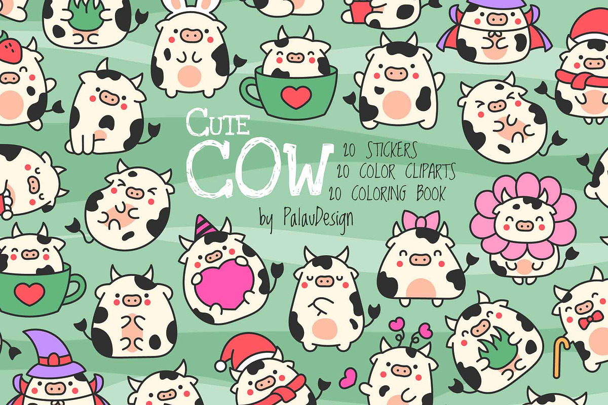 Cute Kawaii Cow Bundle, an Animal Illustration by Palau (Photo 1 of 12)