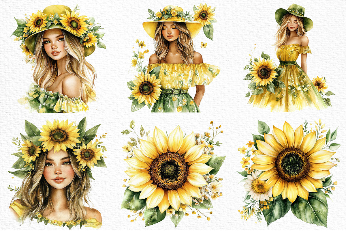 Watercolor Sunflower Summer Clipart, an Illustration by Craft Nest (Photo 5 of 12)