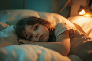 Sad little baby girl is lying in bed at home or hospital
