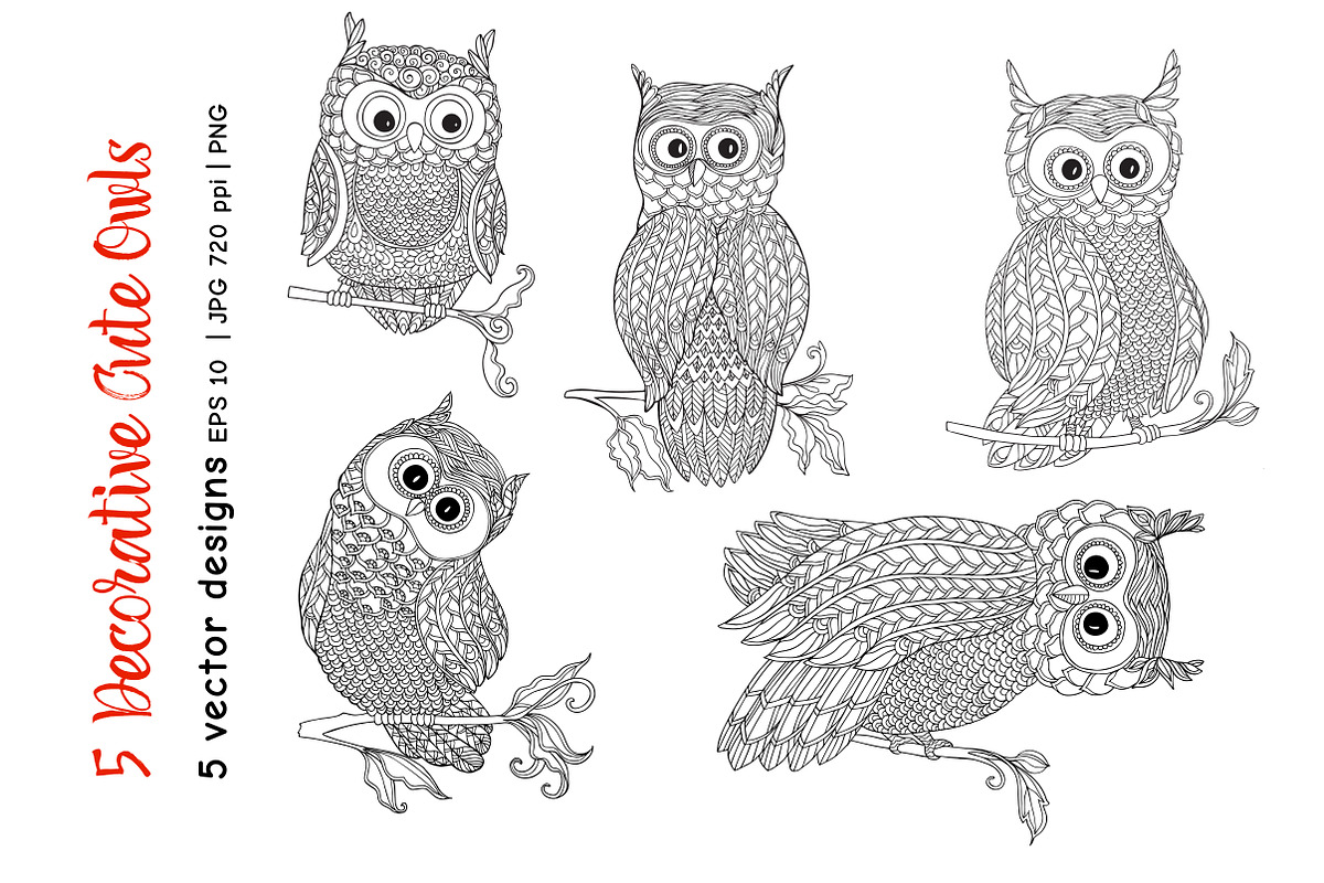 5 Decorative Cute Owls, an Animal Illustration by Elen-Lane (Photo 2 of 5)