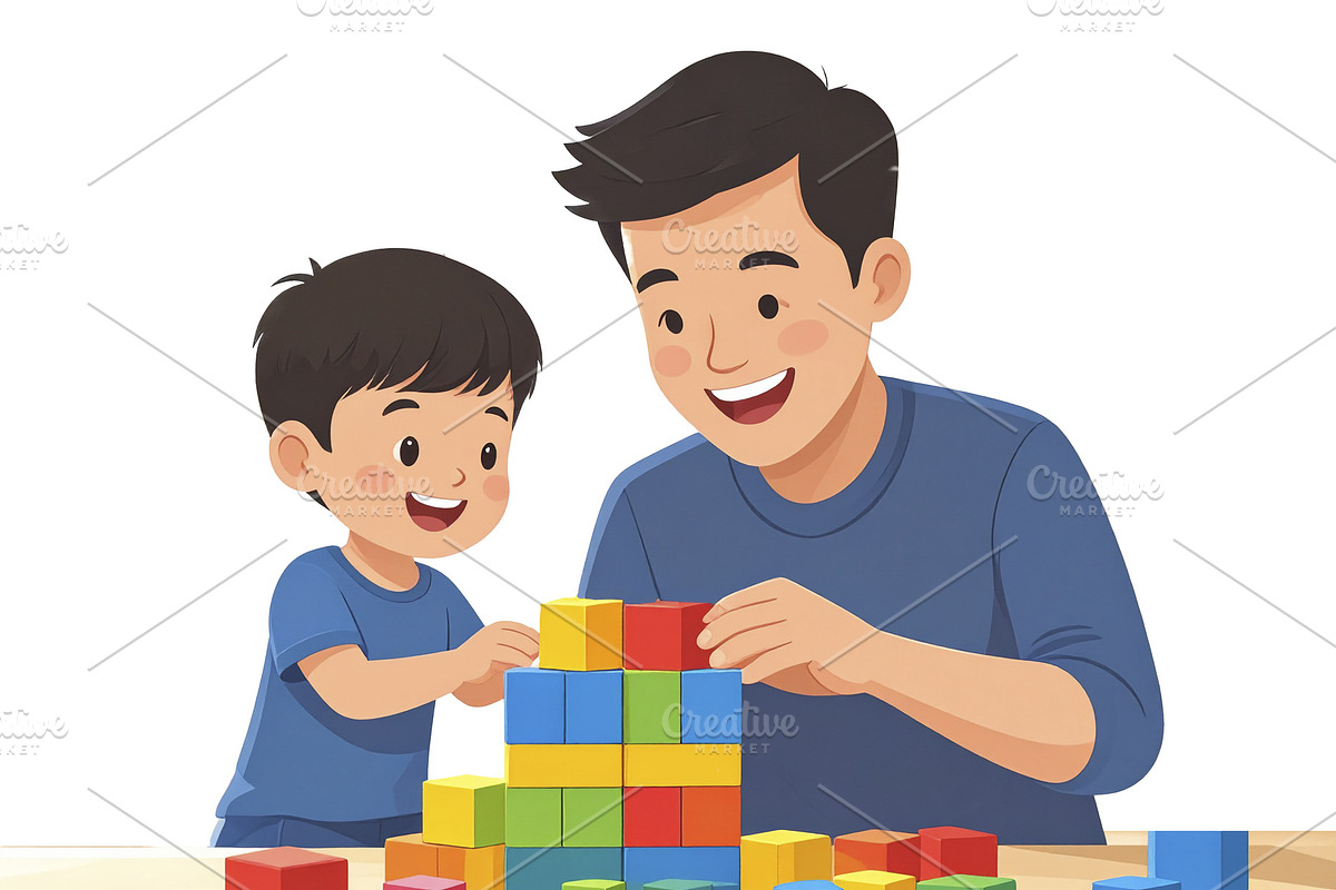 Child and father building with blocks isolated photo, an Education Illustration by DanFLCreativo