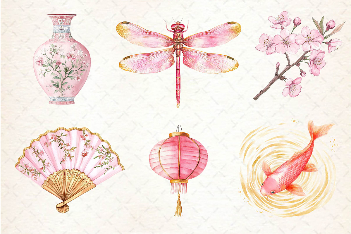 Pink Chinoiserie Summer Clipart, an Illustration by Dream Creation (Photo 2 of 6)