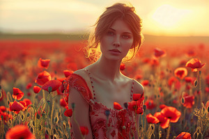 Portrait of young beautiful woman in red poppy flowers field, a Photo by AlyaAnd