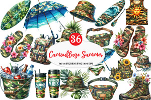 Camouflage Summer Clipart Bundle, an Illustration by Watercolor design
